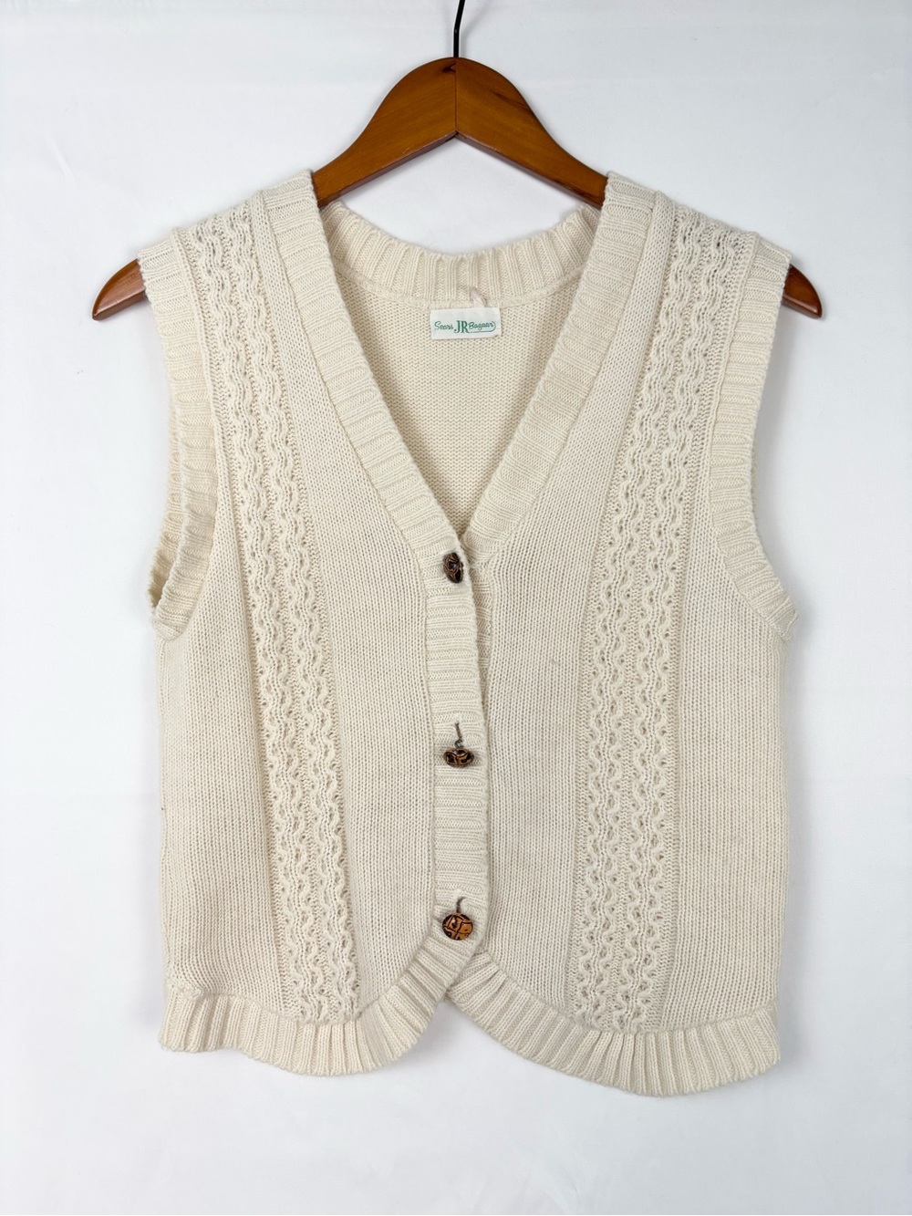 Vintage 70s Sears Jr Bazaar Sleeveless Knit Sweater Vest Women Size M White
